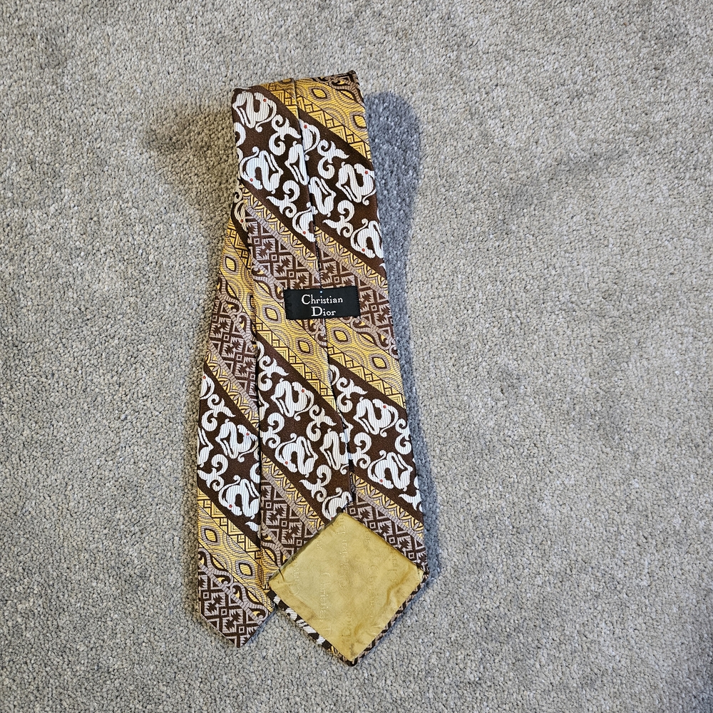 Vintage Christian Dior Brown and Yellow Patterned Tie